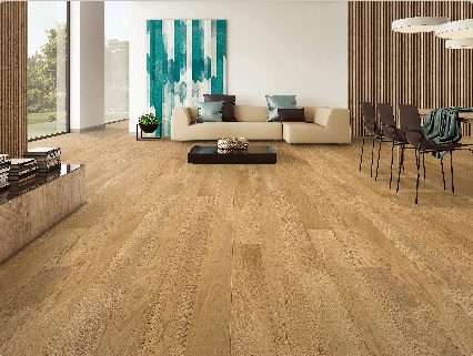 Sea Oats Fuzion engineered oak hardwood flooring from Outer Banks Elite collection installed in a modern room, featuring wide 6" x 3/4" planks, 3mm veneer layer. Canada-wide delivery available. 