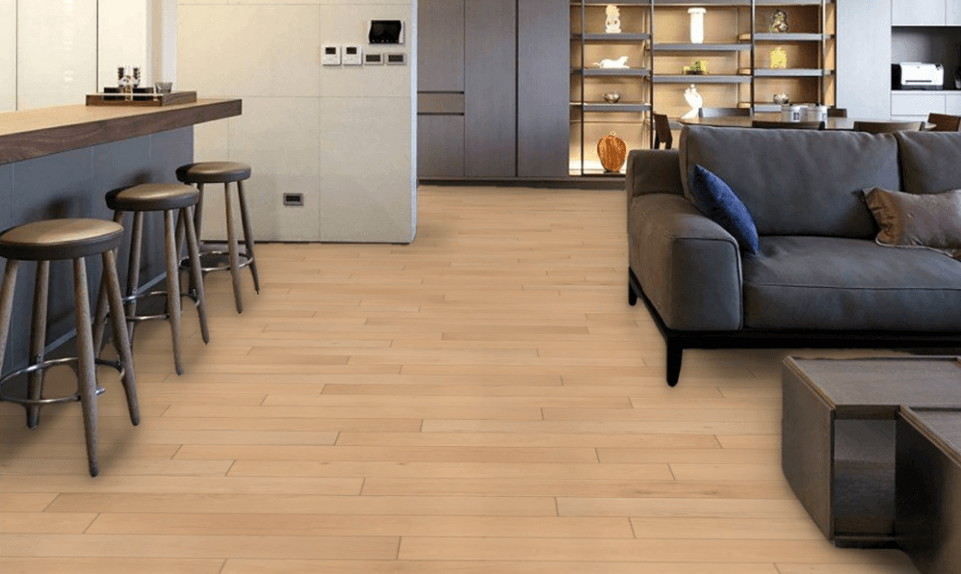 Seaglass engineered oak hardwood flooring installed in a modern interior with wide 7-1/2" planks & 2mm Veneer. Canada-wide delivery Available. 