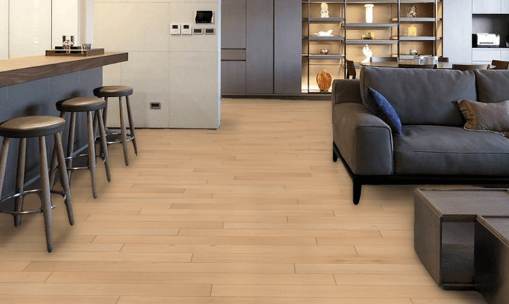 Seaglass engineered oak hardwood flooring installed in a modern interior with wide 7-1/2" planks & 2mm Veneer. Canada-wide delivery Available. 