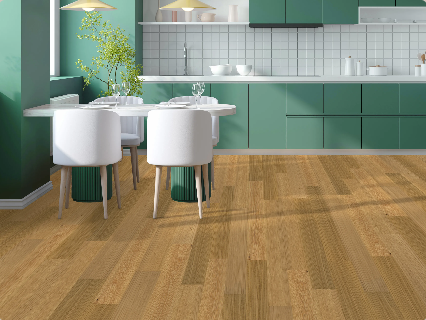 Seashell Path Fuzion engineered oak hardwood flooring from Outer Banks Elite collection installed in a modern room, featuring wide 6" x 3/4" planks, 3mm veneer layer. Canada-wide delivery available. 