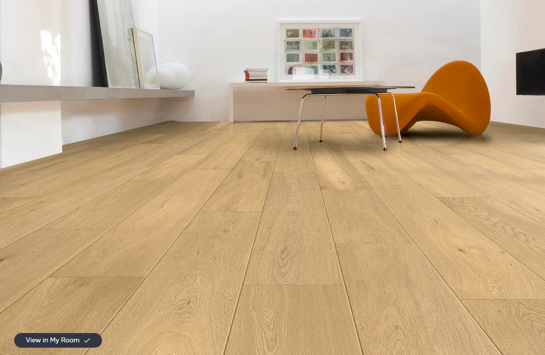Seaside Aura - Fuzion Whistler's Village oak engineered hardwood flooring, 3mm face layer, 9/16" thickness featuring a wide plank design, natural wood grain texture. Shop at Advanced Flooring Waterloo. 