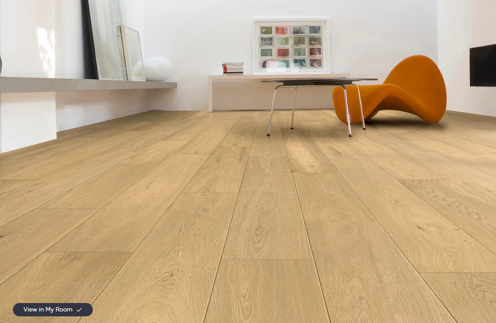 Seaside Aura - Fuzion Whistler's Village oak engineered hardwood flooring, 3mm face layer, 9/16" thickness featuring a wide plank design, natural wood grain texture. Shop at Advanced Flooring Waterloo. 