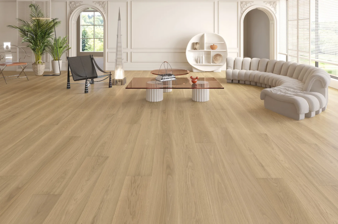 Serenova - Fuzion Beaux Arta white oak engineered hardwood flooring, 4mm face layer, 3/4" thickness featuring a wide plank design, natural wood grain texture. Shop at Advanced Flooring Waterloo. 