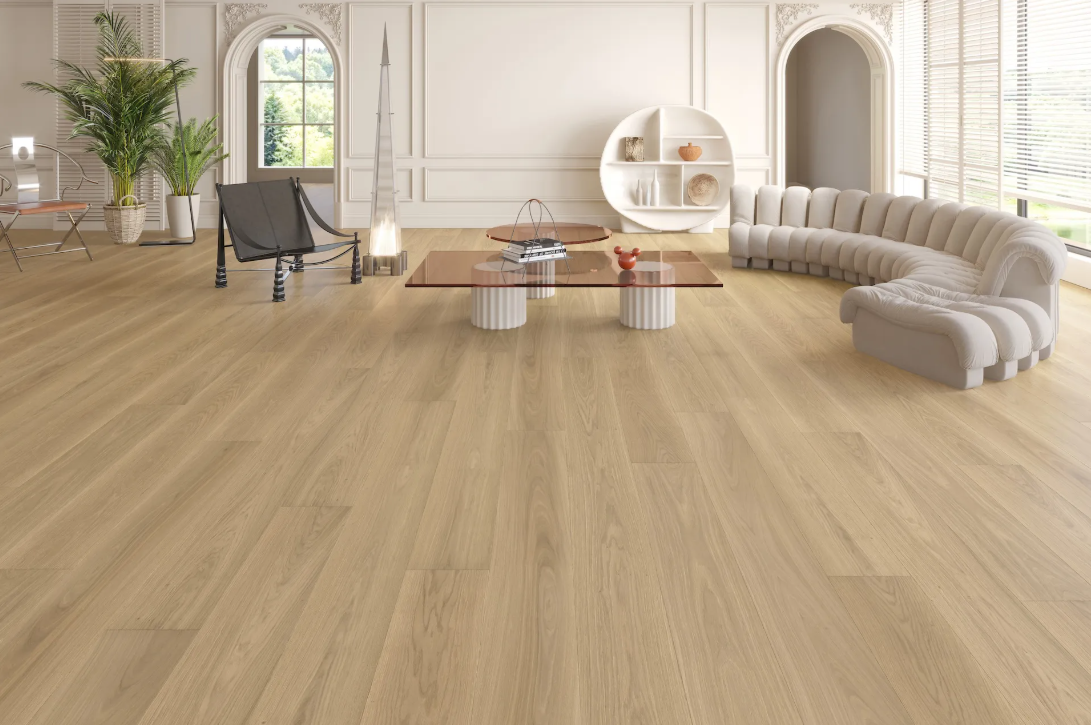 Serenova - Fuzion Beaux Arta white oak engineered hardwood flooring, 4mm face layer, 3/4" thickness featuring a wide plank design, natural wood grain texture. Shop at Advanced Flooring Waterloo. 