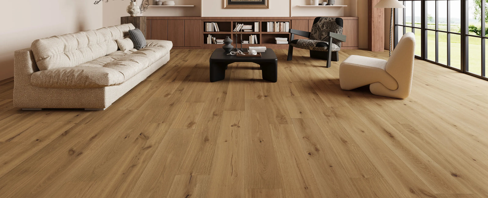 Shadow Glen - Fuzion TruNorth white oak engineered hardwood flooring, 3mm face layer, 9/16" thickness featuring a wide plank design, natural wood grain texture. Shop at Advanced Flooring Waterloo. 