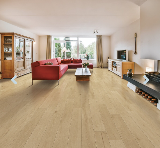 A modern living room which displays the beautiful look of Shell premium engineered hardwood flooring from Toucan.