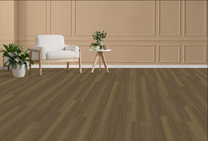 Silkwood Charm engineered oak hardwood flooring installed in a modern room, featuring wide 7.5" x 3/4" planks, 3mm veneer layer. Canada-wide delivery available. 