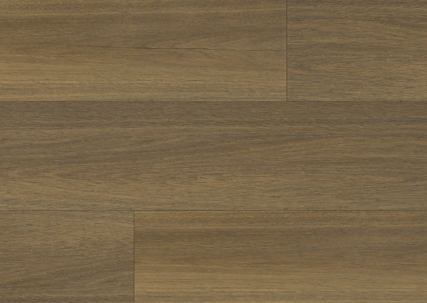 Close-up of Fusion Silkwood Charm 7.5" engineered oak hardwood flooring from Velvet Grove collection showing strong 3mm veneer layer, T&G joint, and 3/4" thick plank. Available at Advanced Flooring Waterloo. 