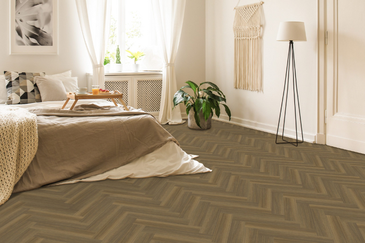Silkwood Charm engineered oak hardwood flooring installed in a modern room, featuring wide 4-3/4" x 3/4" planks, 3mm veneer layer, and natural wire-brushed finish. Canada-wide delivery available. 