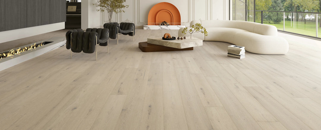 Snowfall Glow - Fuzion TruNorth white oak engineered hardwood flooring, 3mm face layer, 9/16" thickness featuring a wide plank design, natural wood grain texture. Shop at Advanced Flooring Waterloo. 