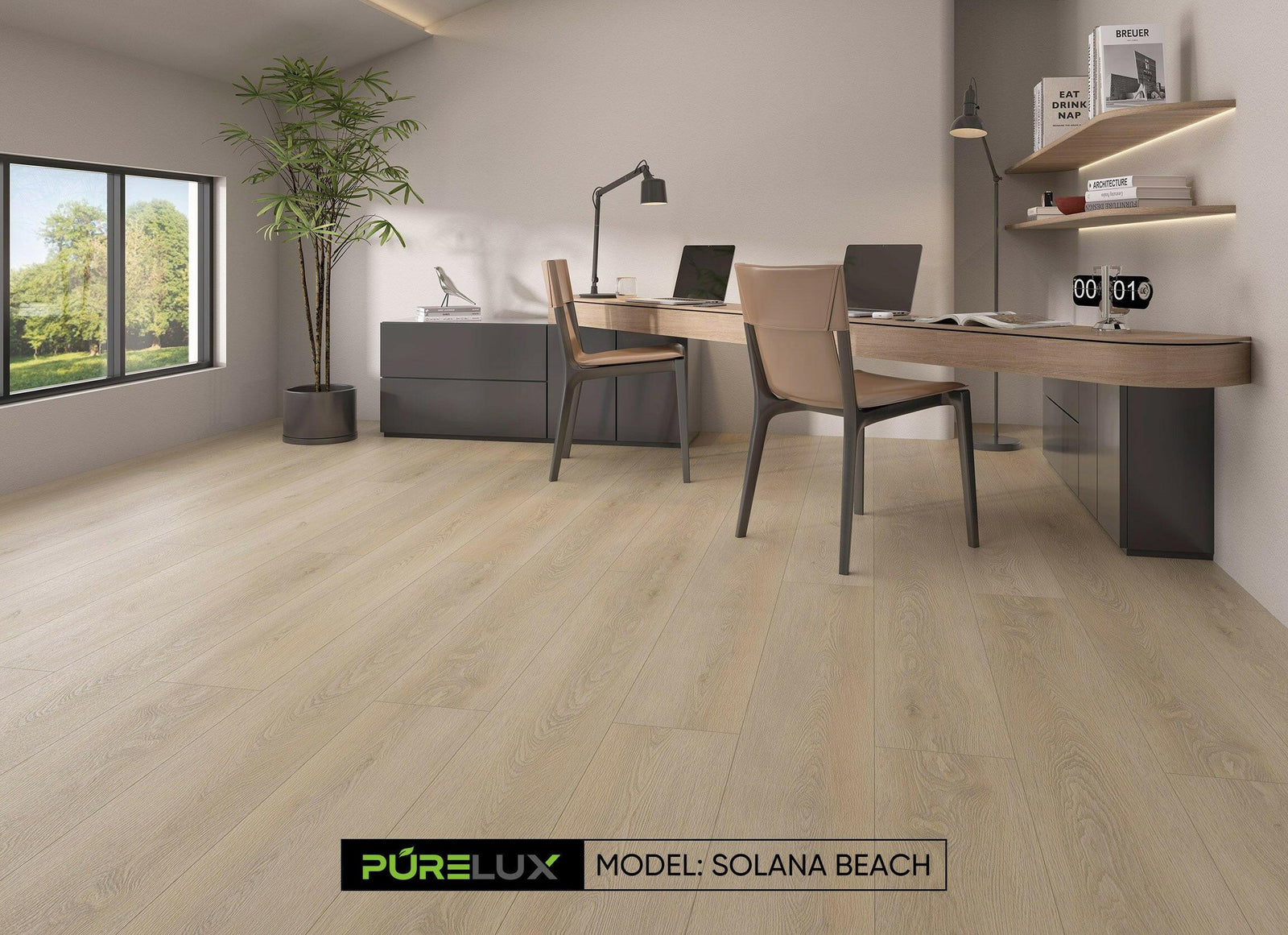 A bright and inviting room showcasing the rich, medium brown tones of Purelux vinyl plank flooring.