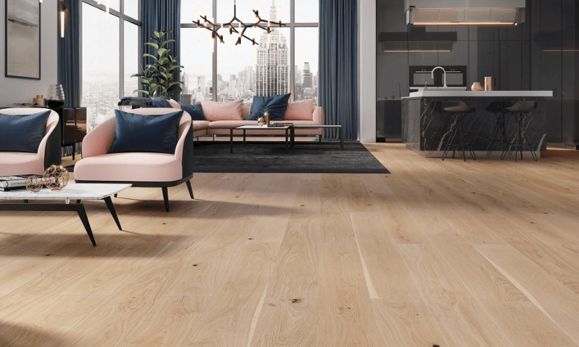 Soleste engineered European oak hardwood flooring from Outer Banks Clic collection installed in a modern room, featuring wide 6" x 9/16" planks, 2.5mm veneer layer. Canada-wide delivery available. 