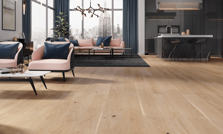 Soleste engineered European oak hardwood flooring from Outer Banks Clic collection installed in a modern room, featuring wide 6" x 9/16" planks, 2.5mm veneer layer. Canada-wide delivery available. 