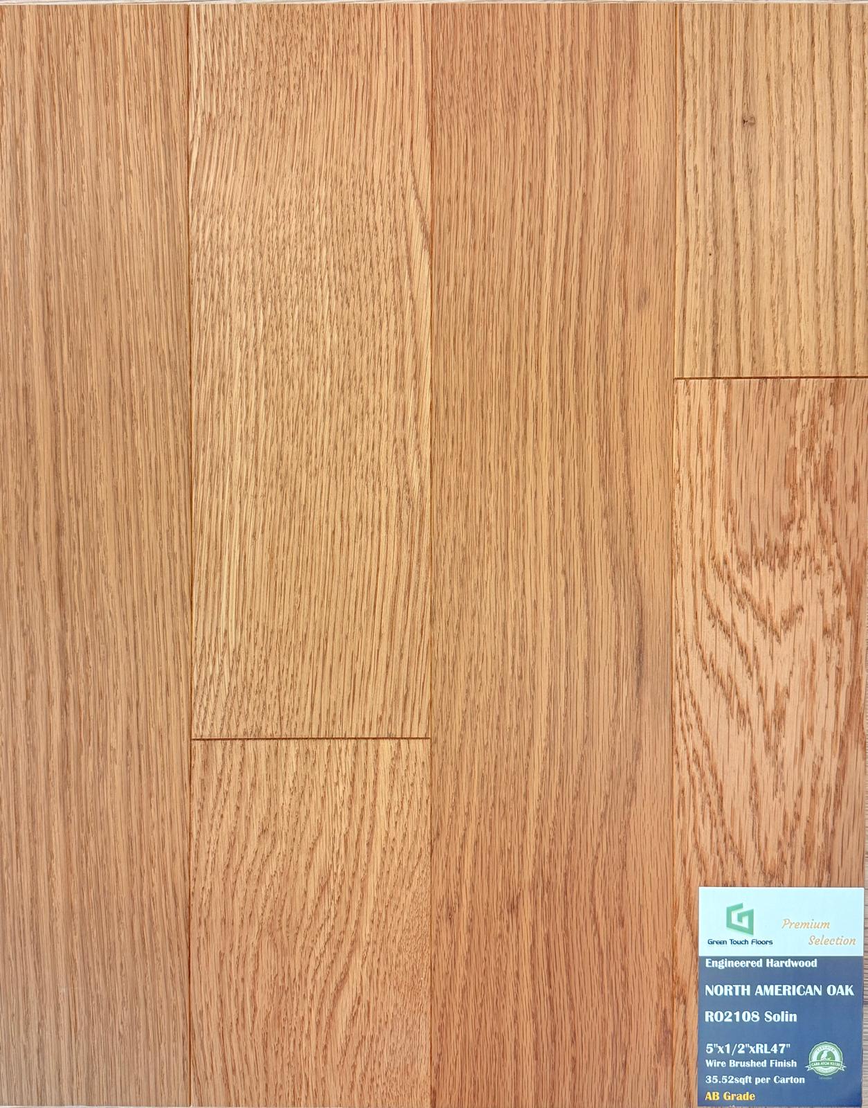 Close-up of Solin RO2108 - Green Touch 5"*1/2" click Red Oak engineered hardwood flooring sample. Available at Advanced Flooring Waterloo. 