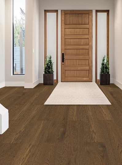 Sovereign Sable Fusion engineered oak hardwood flooring installed in a modern room, featuring wide 7-1/2 inch planks, 2mm veneer layer, and natural wire-brushed finish. 