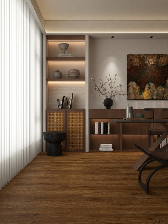 Modern interior design with wooden flooring, furniture, and decor elements.