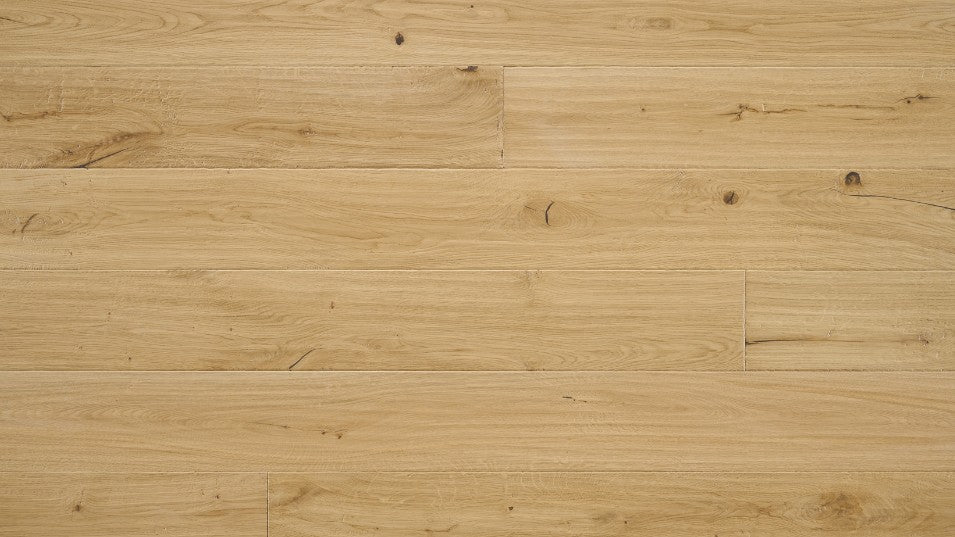 Terracotta 7-1/2 inch wide white oak engineered hardwood flooring in natural brown color with distressed hand-scraped texture