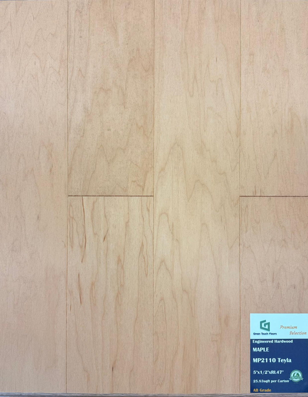 Close-up of TEYLA MP2110 - Green Touch 5"*1/2" click Maple engineered hardwood flooring sample. Available at Advanced Flooring Waterloo. 