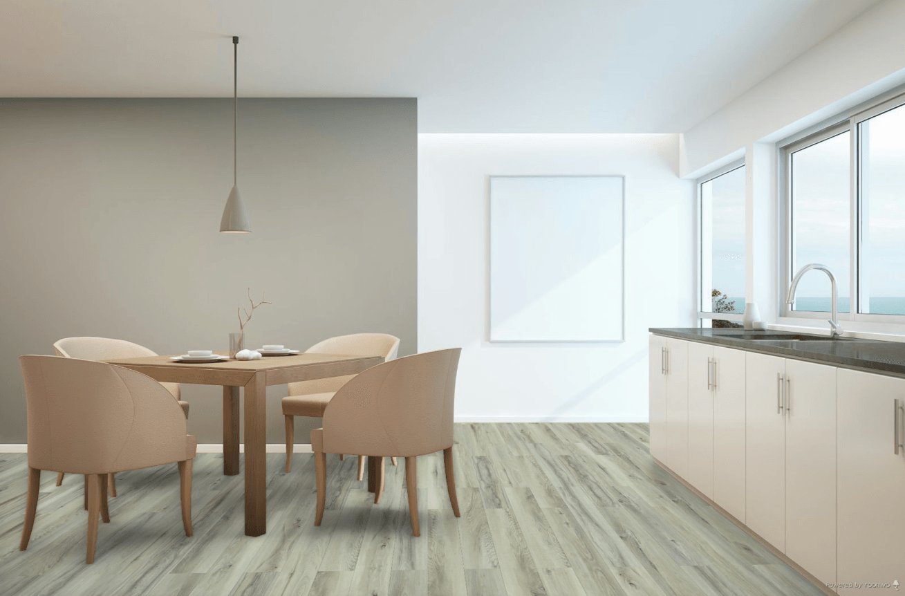 A modern kitchen which displays the beautiful look of Newcastle Toucan 8mm vinyl flooring.