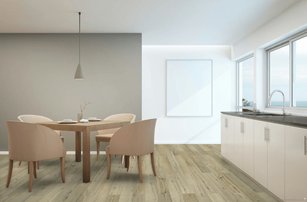 A modern kitchen which displays the beautiful look of Castine Toucan 8mm vinyl flooring.