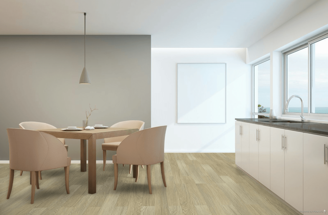 A modern kitchen which displays the beautiful look of Toucan 8mm vinyl flooring.
