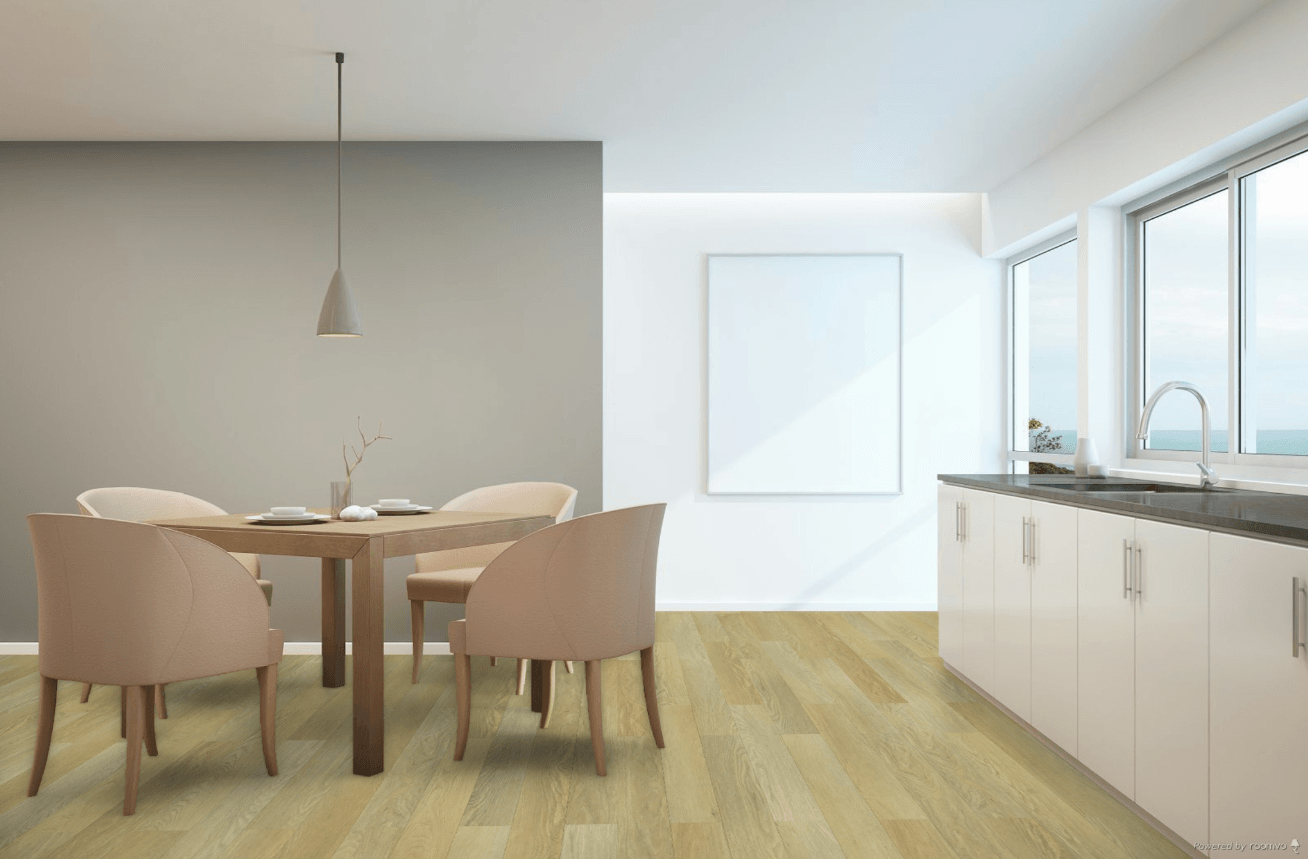 A modern kitchen which displays the beautiful look of Toucan 8mm vinyl flooring.