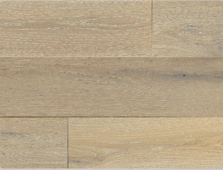 Close-up of Tidepool Hue engineered oak hardwood flooring by Fuzion’s Coastline Collection, featuring a wire-brushed texture, 7 1/2" x 1/2" plank. Available at Advanced Flooring Waterloo.