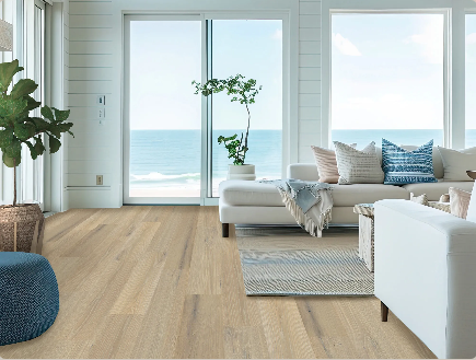Tidepool Hue engineered oak hardwood flooring installed in a modern interior with wide 7-1/2" planks & 2mm Veneer. Canada-wide delivery Available. 