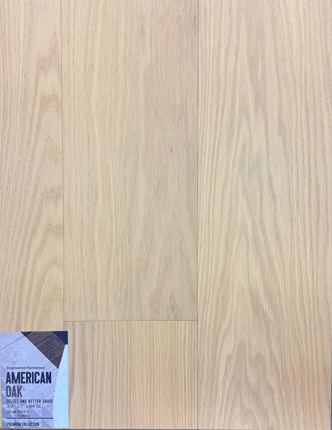Close-up of TORINO AR1313 - Green Touch 7"*3/4" American Oak engineered hardwood flooring sample. Available at Advanced Flooring Waterloo. 