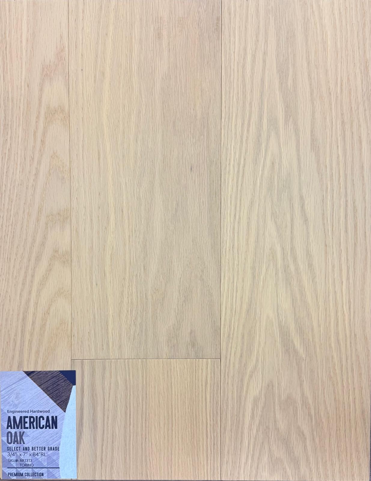 Close-up of TORINO AR1313 - Green Touch 7"*3/4" American Oak engineered hardwood flooring sample. Available at Advanced Flooring Waterloo. 