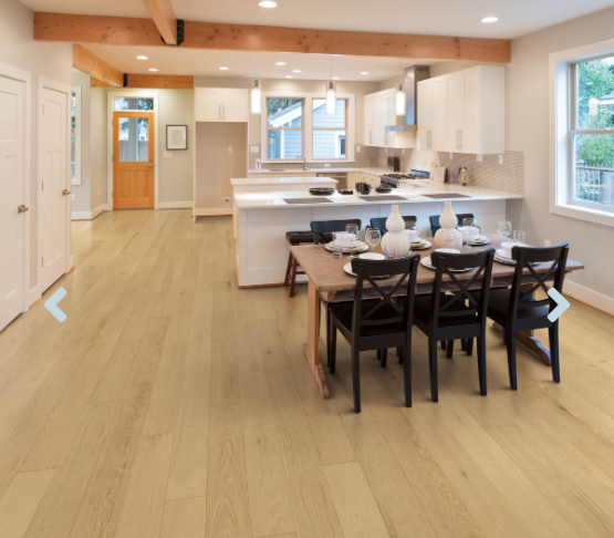 A modern kitchen which displays the beautiful look of Tusk premium engineered hardwood flooring from Toucan.