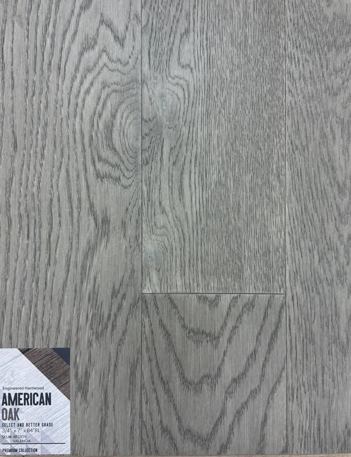Close-up of VALENCIA AR1309 - Green Touch 7"*3/4" American Oak engineered hardwood flooring sample. Available at Advanced Flooring Waterloo. 