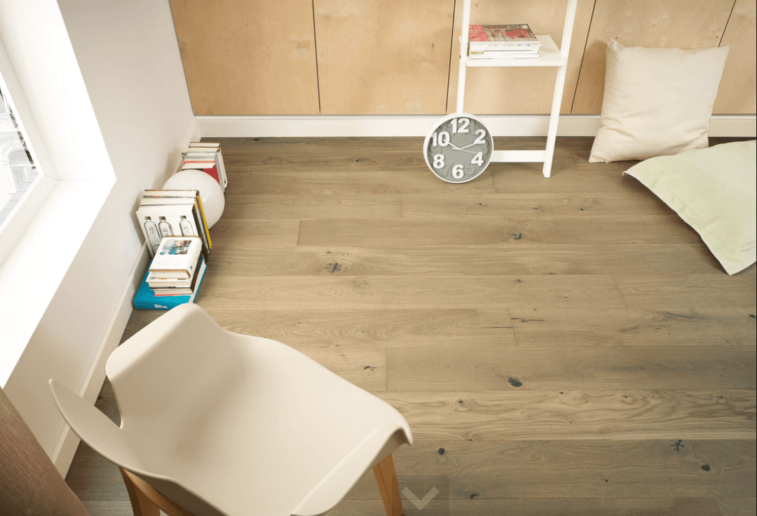 Valetta engineered European oak hardwood flooring from Castello collection installed in a modern room, featuring wide 7" x 9/16" planks, a 2.5mm veneer layer. Canada-wide delivery available. 