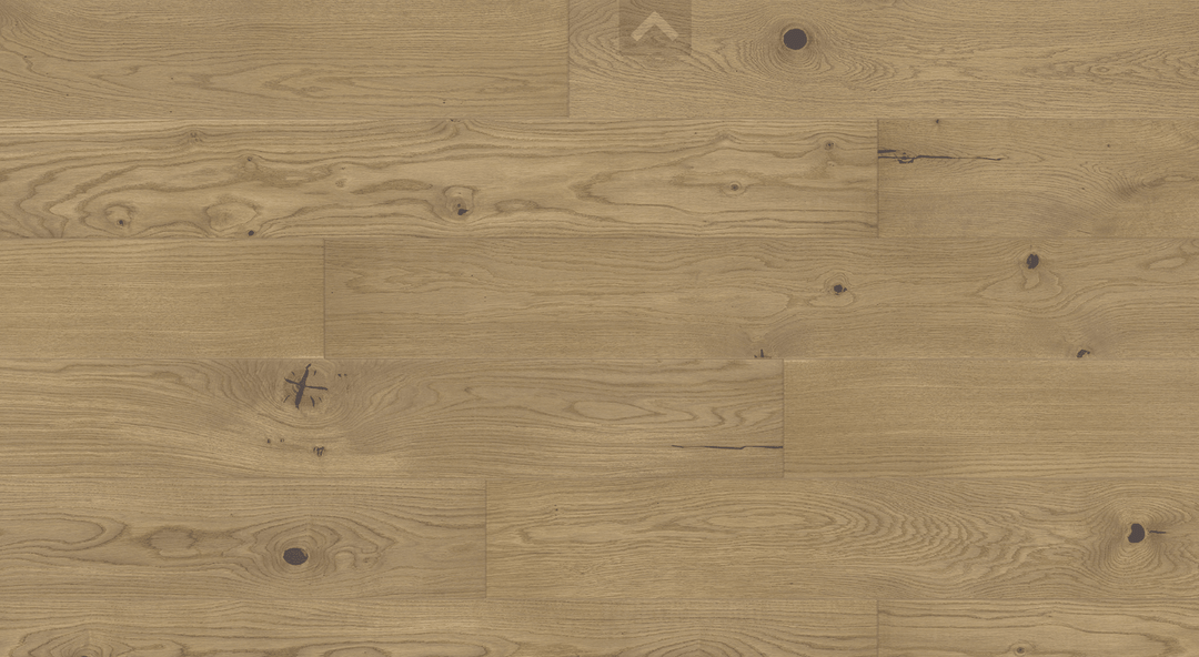 Close-up of Valetta 7" x 9/16" engineered European oak hardwood flooring from Castello collection, 2.5mm veneer layer, and Light wire-brushed texture. Available at Advanced Flooring Waterloo. 