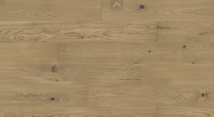 Close-up of Valetta 7" x 9/16" engineered European oak hardwood flooring from Castello collection, 2.5mm veneer layer, and Light wire-brushed texture. Available at Advanced Flooring Waterloo. 