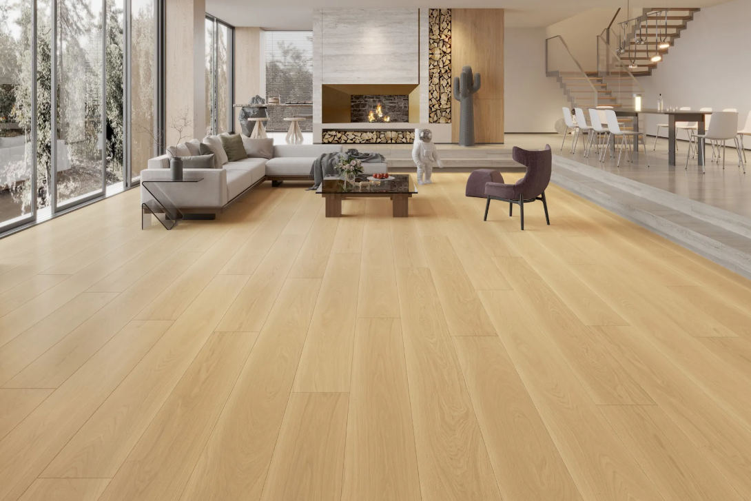 Verismo - Fuzion Beaux Arta white oak engineered hardwood flooring, 4mm face layer, 3/4" thickness featuring a wide plank design, natural wood grain texture. Shop at Advanced Flooring Waterloo.