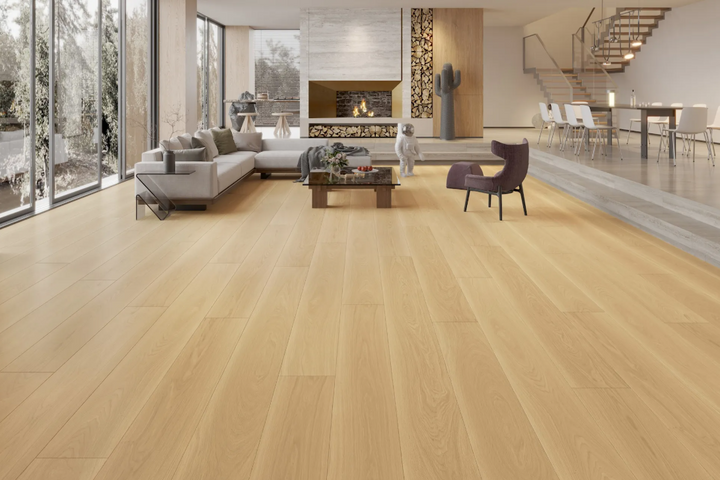 Verismo - Fuzion Beaux Arta white oak engineered hardwood flooring, 4mm face layer, 3/4" thickness featuring a wide plank design, natural wood grain texture. Shop at Advanced Flooring Waterloo.