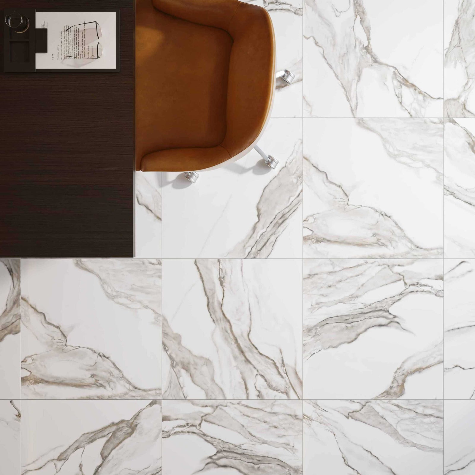 Marble-patterned tiles with a brown chair in the corner