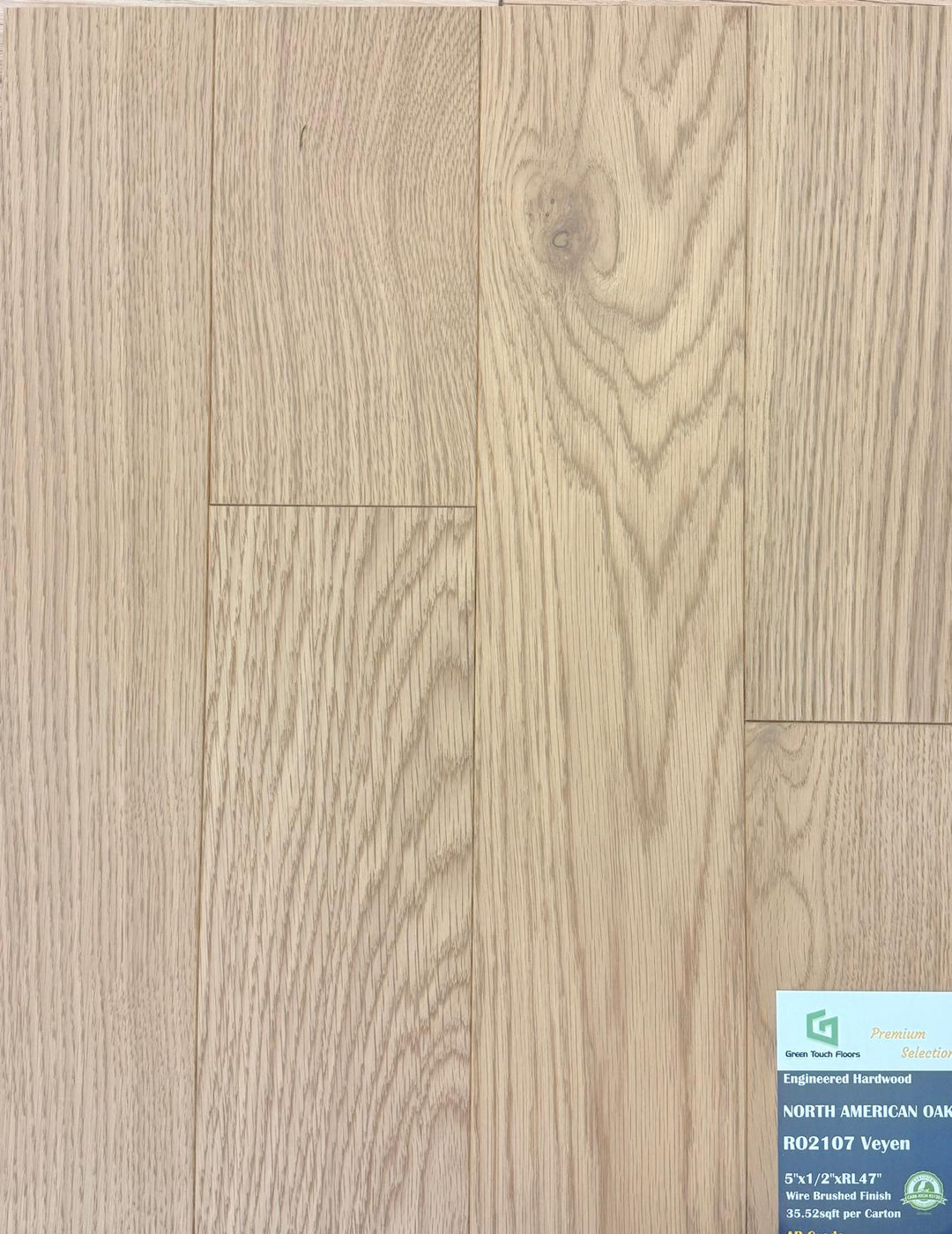 Close-up of Veyen RO2107 - Green Touch 5"*1/2" click Red Oak engineered hardwood flooring sample. Available at Advanced Flooring Waterloo. 