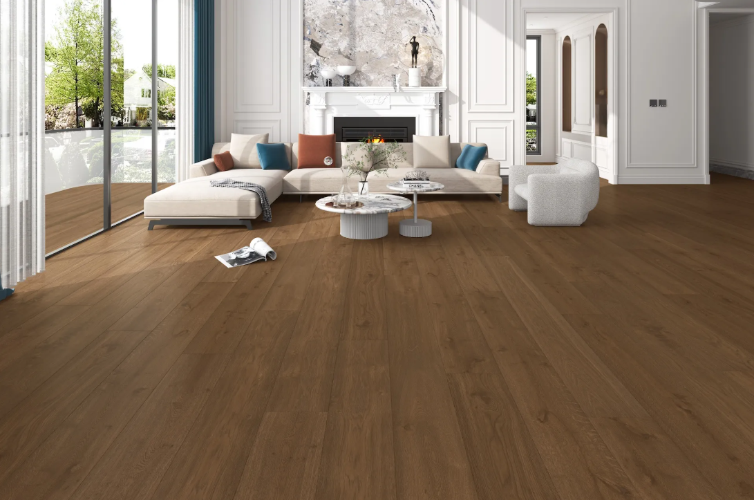 Vignette - Fuzion Beaux Arta white oak engineered hardwood flooring, 4mm face layer, 3/4" thickness featuring a wide plank design, natural wood grain texture. Shop at Advanced Flooring Waterloo. 