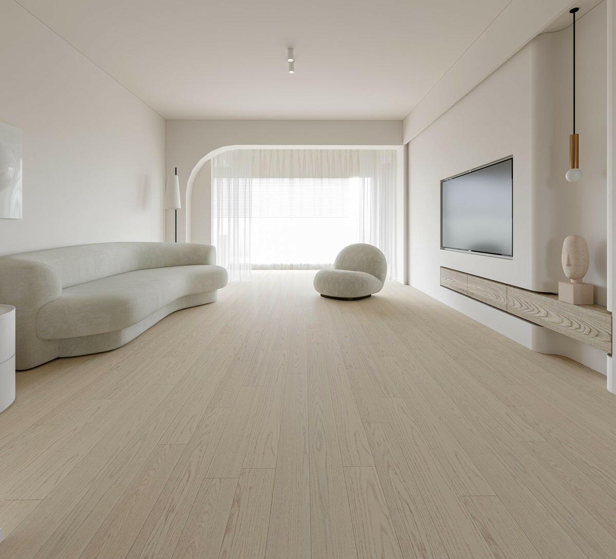 Beautiful room with Vivid White oak engineered hardwood installed.