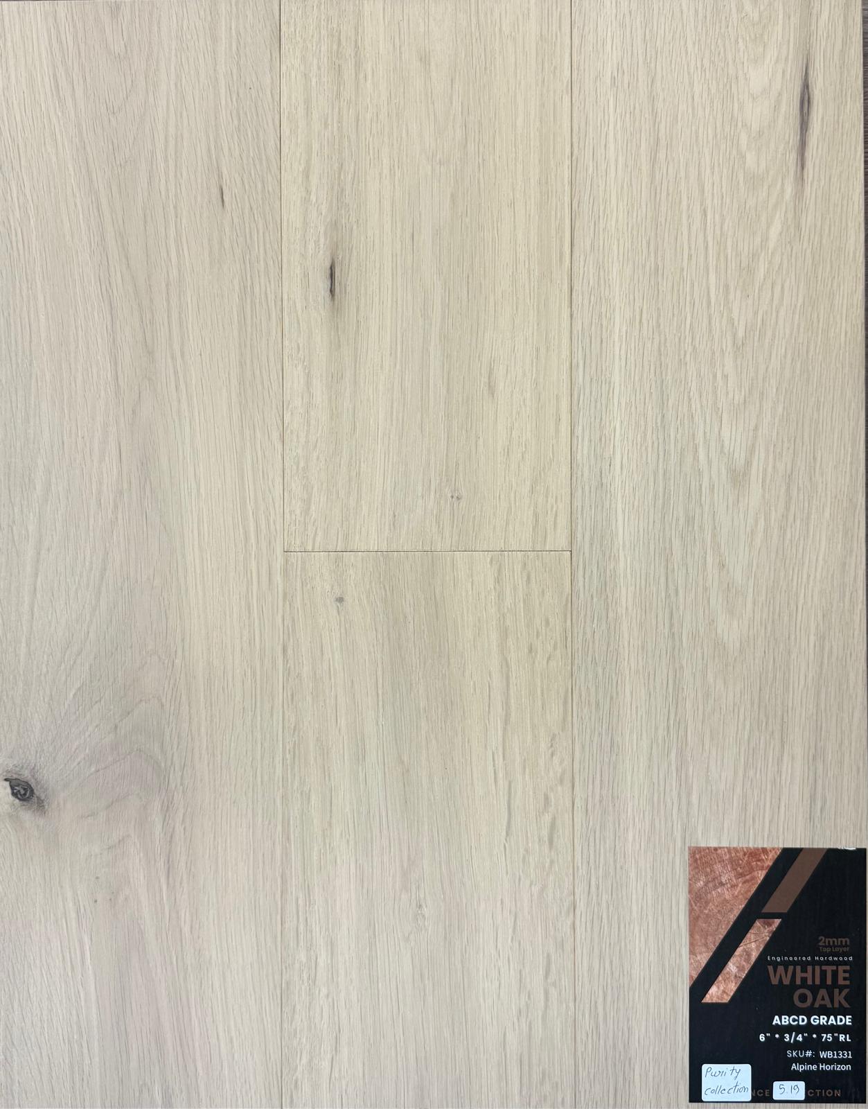 Close-up of ALPINE HORIZON WB1331 - Purity Collection by Green Touch, 2mm top layer engineered hardwood flooring sample. Available at Advanced Flooring Waterloo. 