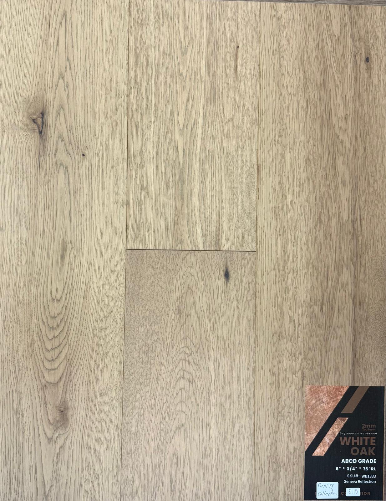 Close-up of GENEVA REFLECTION WB1333 - Purity Collection by Green Touch, 2mm top layer engineered hardwood flooring sample. Available at Advanced Flooring Waterloo. 
