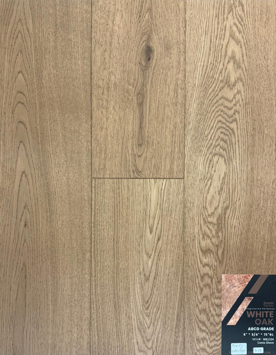 Close-up of COMO SHORE WB1334 - Purity Collection by Green Touch, 2mm top layer engineered hardwood flooring sample. Available at Advanced Flooring Waterloo. 
