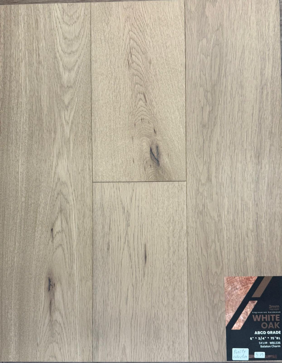 Close-up of BALATON CHARM WB1336 - Purity Collection by Green Touch, 2mm top layer engineered hardwood flooring sample. Available at Advanced Flooring Waterloo. 