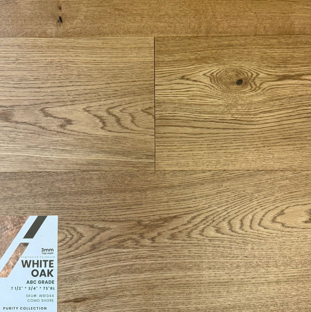Close-up of COMO SHORE WB1344 - Purity Collection by Green Touch, 3mm top layer engineered hardwood flooring sample. Available at Advanced Flooring Waterloo. 
