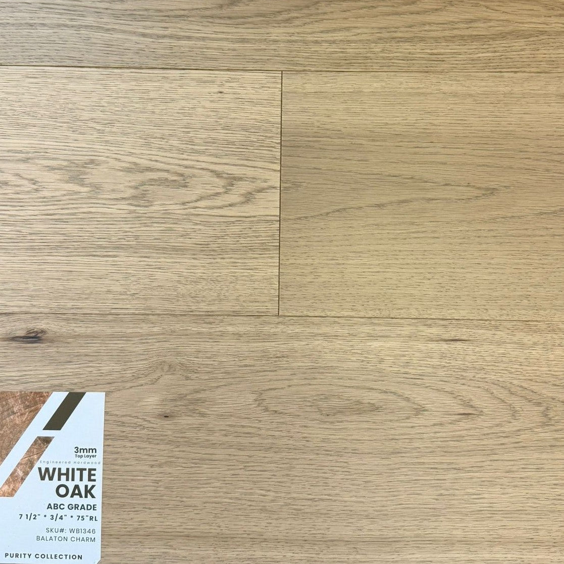 Close-up of BALATON CHARM WB1346 - Purity Collection by Green Touch, 3mm top layer engineered hardwood flooring sample. Available at Advanced Flooring Waterloo. 