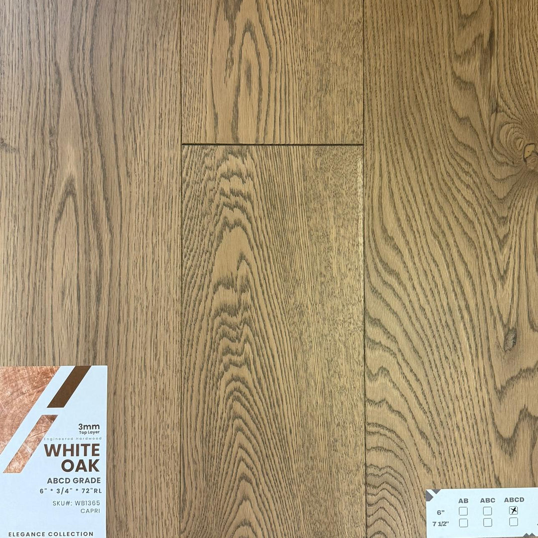 Close-up of CAPRI WB1365 - Elegance Collection by Green Touch, 3mm top layer engineered hardwood flooring sample. Available at Advanced Flooring Waterloo. 