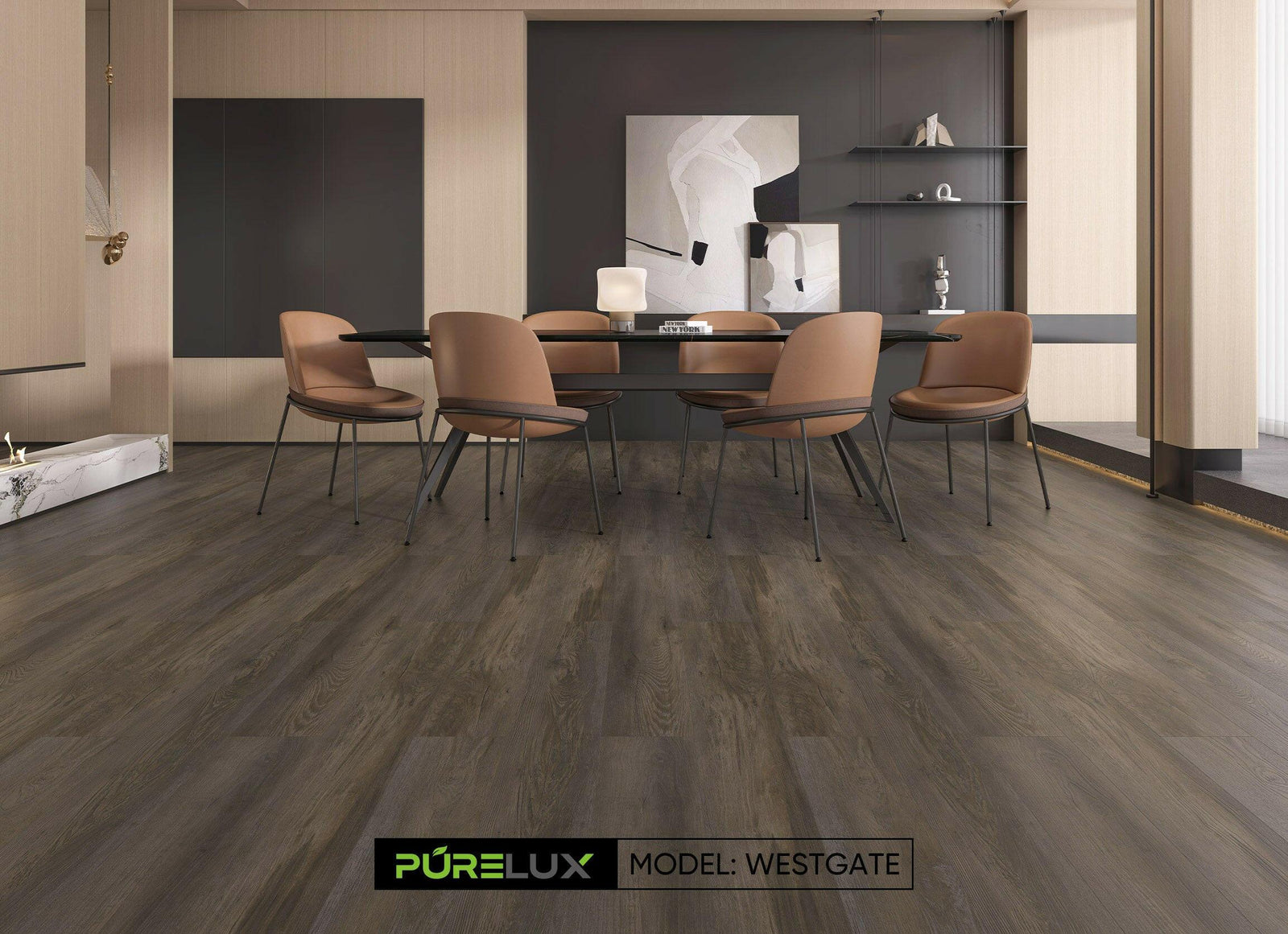 A bright and inviting kitchen showcasing the rich, brown tones of Purelux vinyl plank flooring.