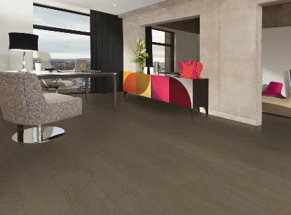 Whimsy engineered oak hardwood flooring installed in a modern interior with wide 7 1/2 inch planks & 3mm Veneer from Fuzion’s Expressions. Canada-wide delivery Available. 